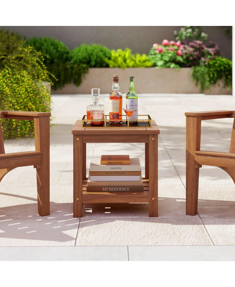 Gouun 2-Tier Outdoor Solid Wood Side Table with Storage Shelf and Round Corners, Slatted Top