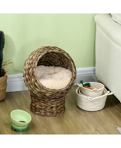 Ruie Elevated Cat Bed Handwoven Wicker Basket House with Soft Cushion and Stand