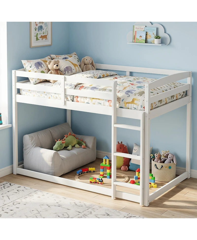 Gymax Full Over Full Bunk Bed with Full-length Guardrails and Integrated Ladder