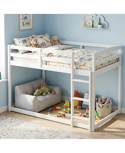 Gymax Full Over Full Bunk Bed with Full-length Guardrails and Integrated Ladder