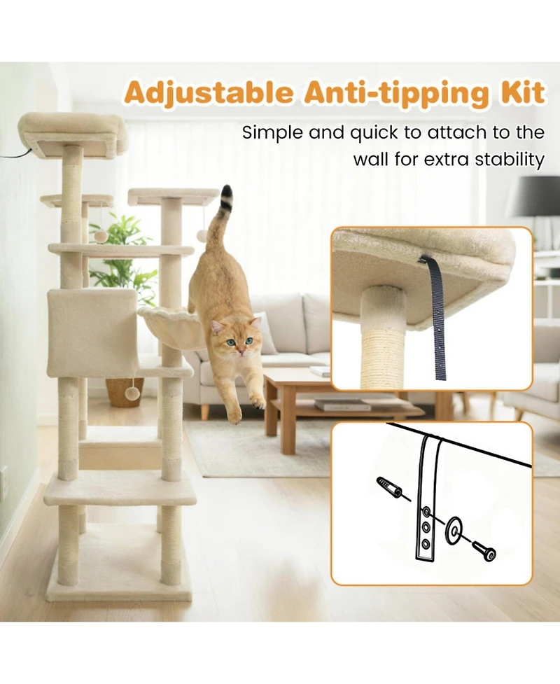 Sugift 63in Tall Large Cat Tree Tower for Indoor Cats with Condo and Hammock