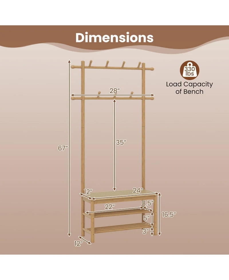 Sugift 3-in-1 Bamboo Coat Rack Hall Tree with Bench and Shoe Storage
