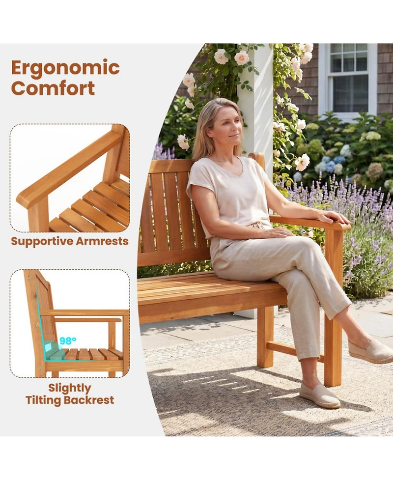 Sugift 3-Seater Outdoor Wooden Bench 59 Inch Large Garden Bench with Backrest
