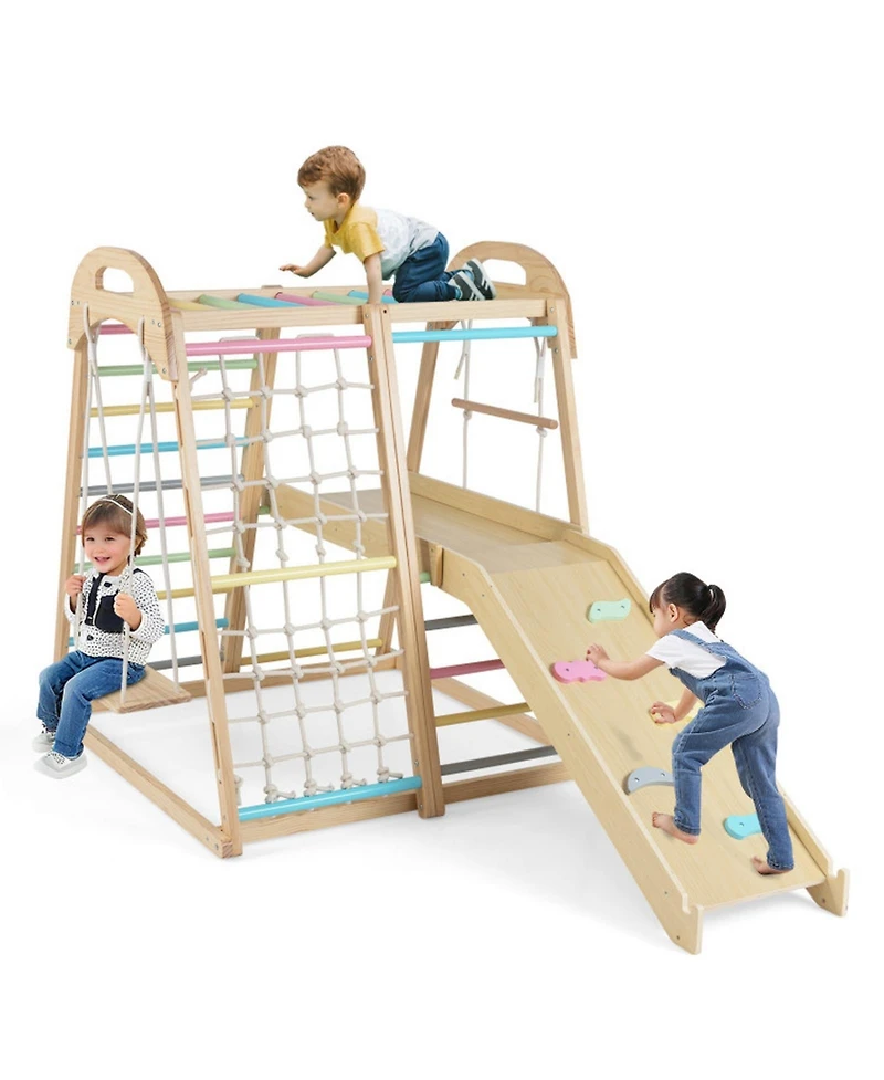 Sugift 8-in-1 Wooden Climber Playset with Slide & Monkey Bars, Ages 3-5