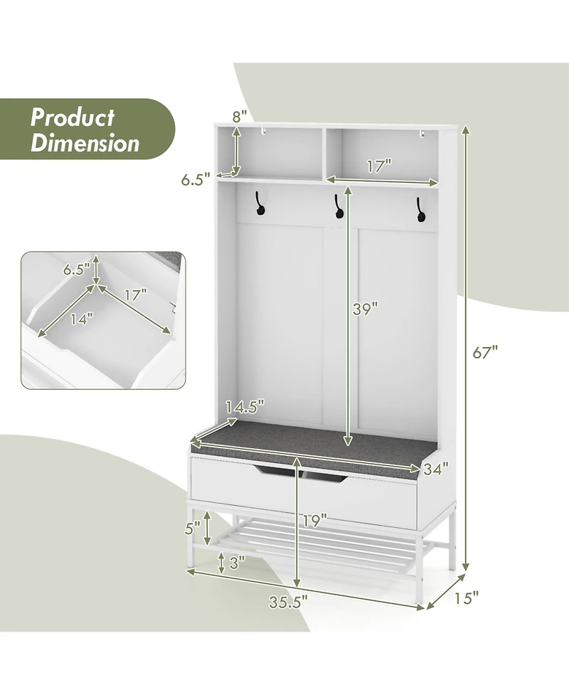 Sugift 69 in Tall 4-in-1 Hall Tree Coat Rack with Seat Cushion and Shoe Storage