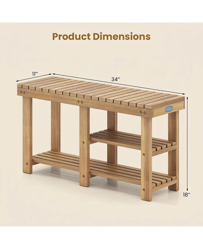 Sugift 3-Tier Solid Wood Shoe Rack Bench with Slatted Shelves