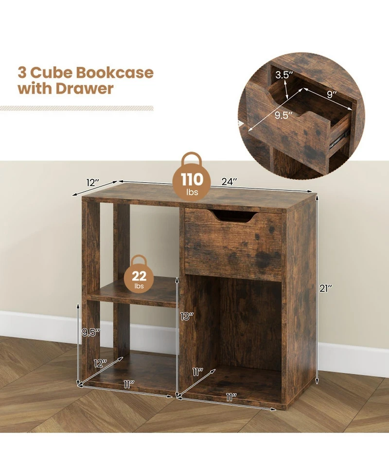 Sugift 3-Cube 2-Tier Wooden Bookcase Storage Shelf with Pull-Out Drawer