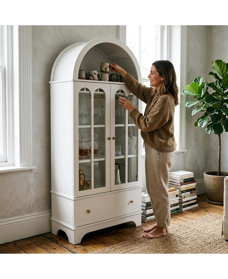 Sugift 71.5 Inch Arched 5-Tier Cabinet with Tempered Glass Doors and Wine Rack