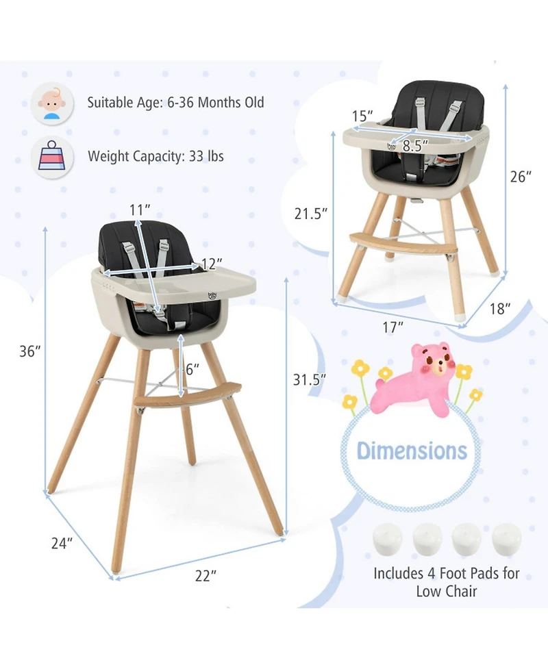 Gouun Baby 3-in-1 Convertible Wooden Baby High Chair with Cushion
