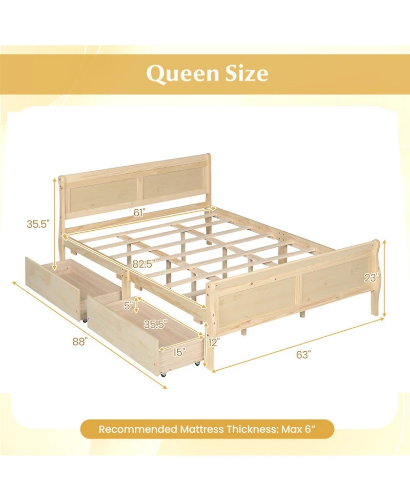 Sugift Queen Size Sleigh Platform Bed with 2 Storage Drawers and Curved Footboard