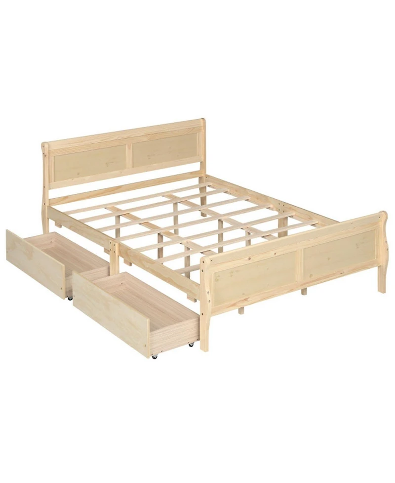 Sugift Queen Size Sleigh Platform Bed with 2 Storage Drawers and Curved Footboard