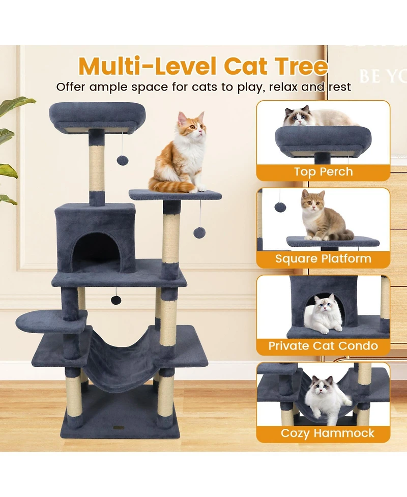 Sugift 58in Multi-Level Cat Tree Soft Plush Cat Tower with Padded Top Perch
