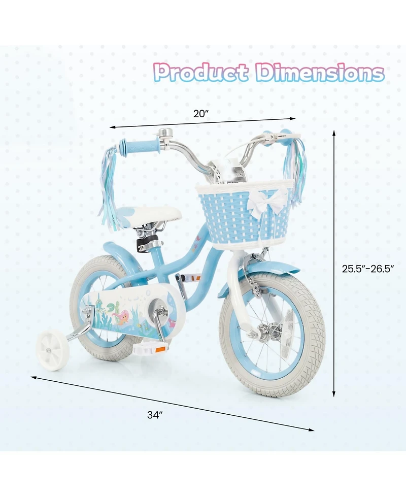 Slickblue Sea Princess 12" Adjustable Kids' Bicycle with Basket, 110 lbs Capacity, Ages 3-4