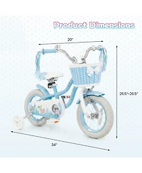 Slickblue Sea Princess 12" Adjustable Kids' Bicycle with Basket, 110 lbs Capacity, Ages 3-4