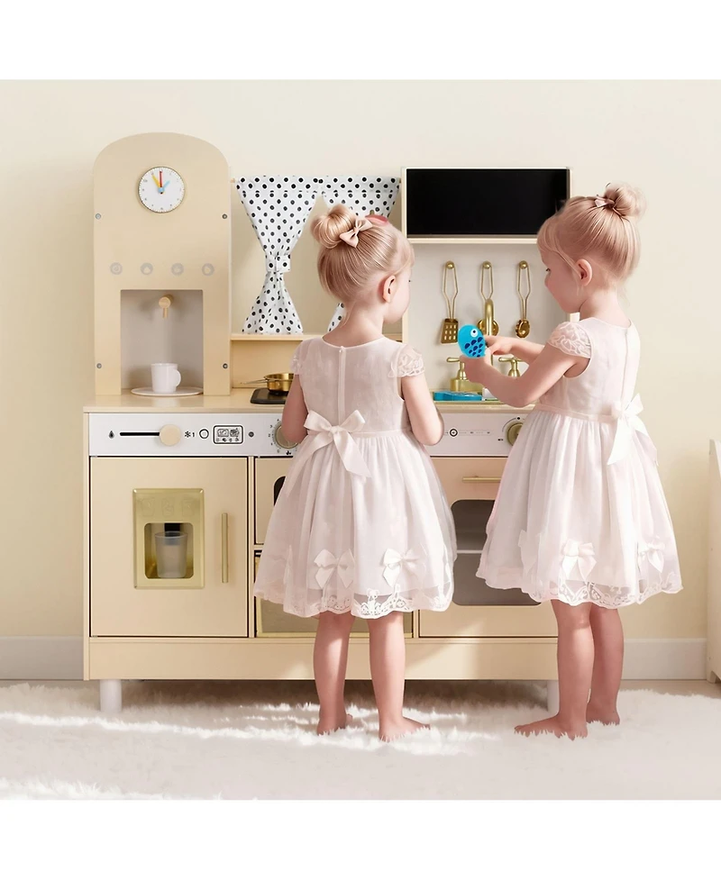 Hongge Realistic Lights and Sounds Wooden Play Kitchen, 12-Piece, Ages 3+