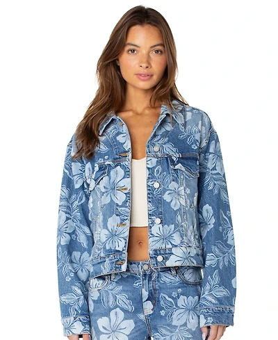 Roxy Women's Big Tide Floral-Print Cropped Denim Jacket