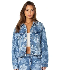 Roxy Women's Big Tide Floral-Print Cropped Denim Jacket