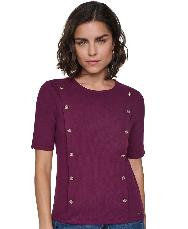 Karl Lagerfeld Paris Petite Rib-Knit Crewneck Short-Sleeve Top