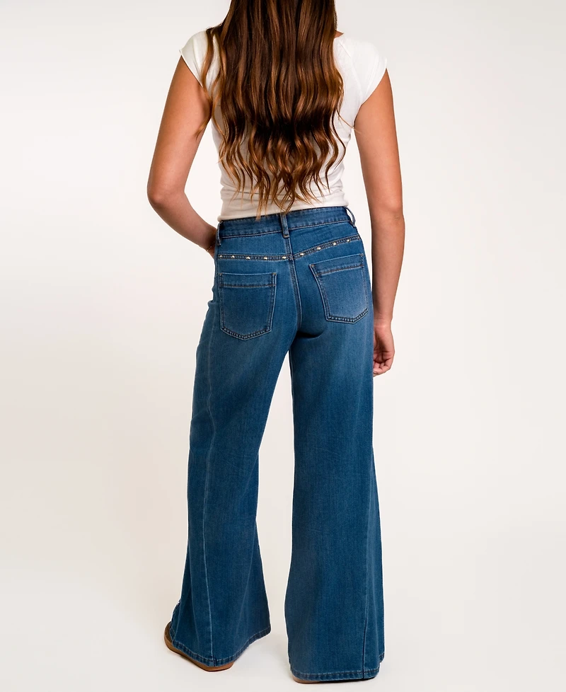 Indigo Rein Juniors' High-Waisted Wide-Leg Studded Jeans, 28-1/2" Inseam