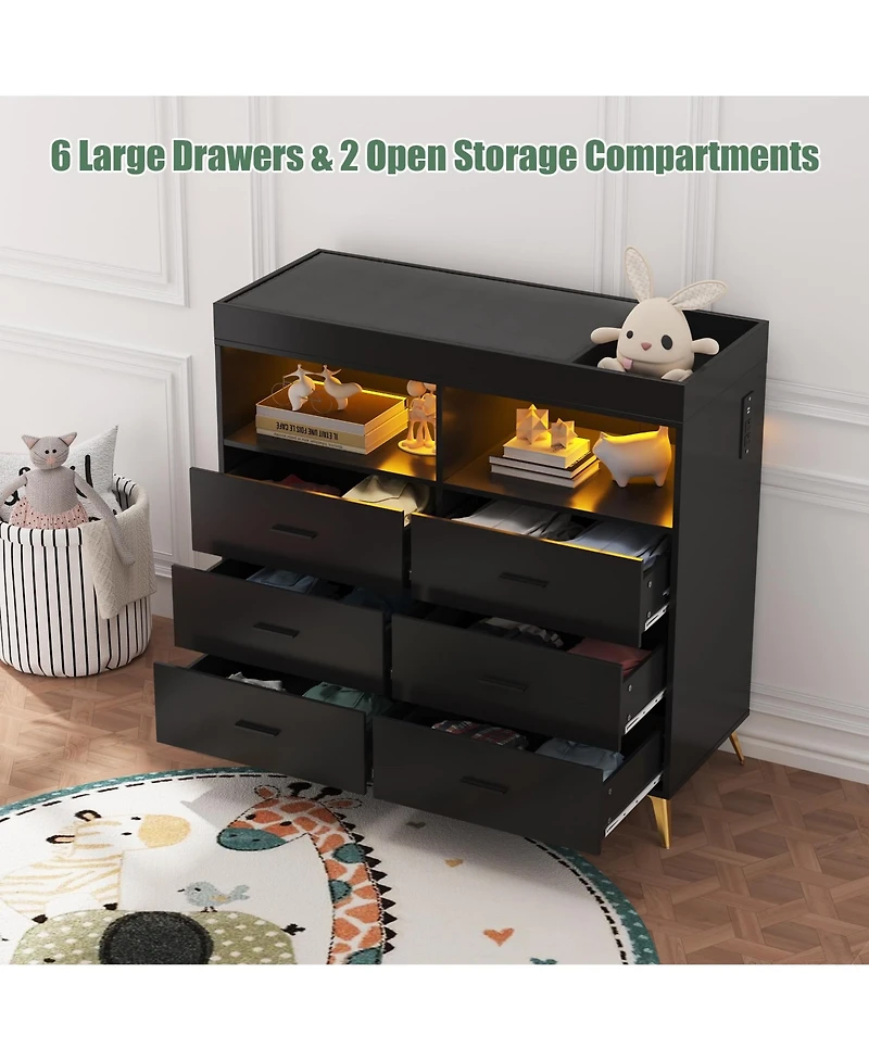 homfan 6-Drawer Changing Table Dresser with Led Lights and Charging Station, 2 Open Shelves, Convertible Baby Diaper Station
