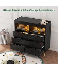 homfan 6-Drawer Changing Table Dresser with Led Lights and Charging Station, 2 Open Shelves, Convertible Baby Diaper Station