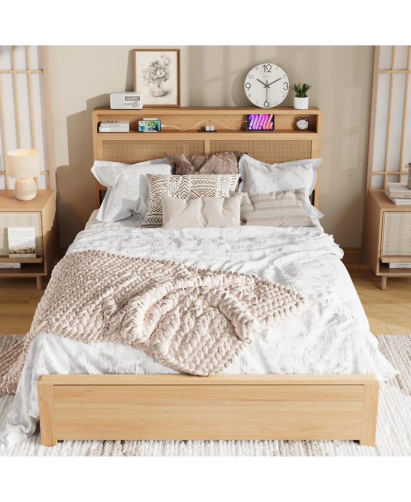 homfan Wooden Rattan Bed Frame Bohemian with Storage and Led Lights | Cane Headboard Charging Station, Slats, Noise-free