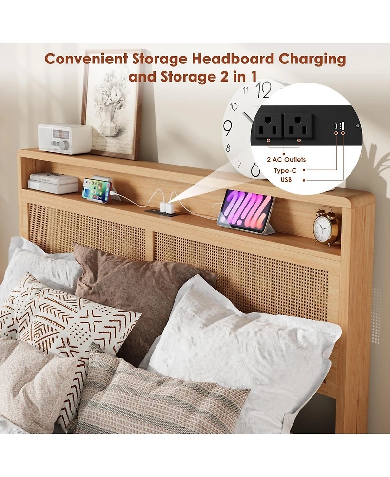 homfan Wooden Rattan Bed Frame Bohemian with Storage and Led Lights | Cane Headboard Charging Station, Slats, Noise-free