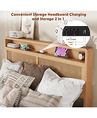 homfan Wooden Rattan Bed Frame Bohemian with Storage and Led Lights | Cane Headboard Charging Station, Slats, Noise-free