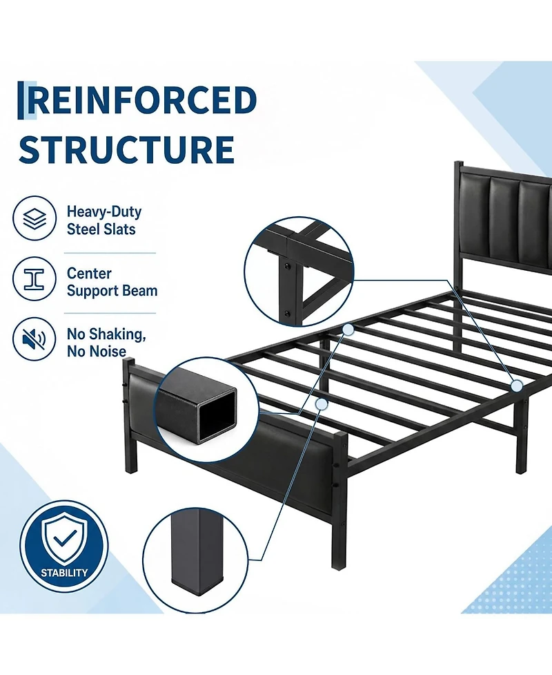 homfan Twin Size Pu Leather Platform Bed Frame with Upholstered Headboard, No Box Spring Needed