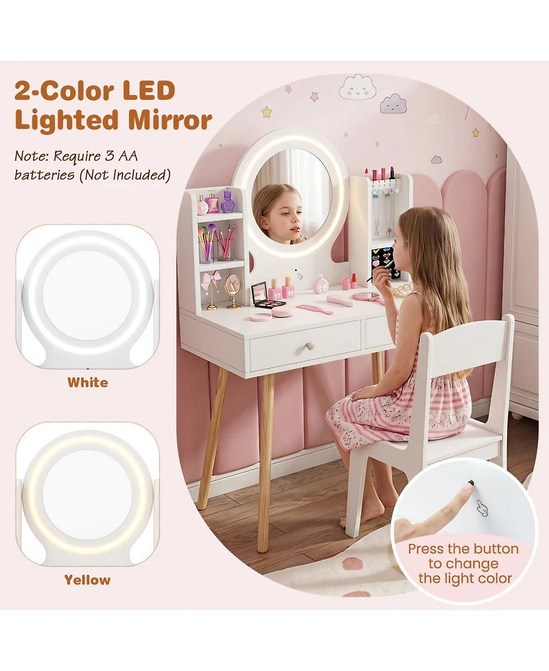 Costway Kids Vanity Set Princess Vanity Desk Set with 2-Color Led Lighted Acrylic Mirror
