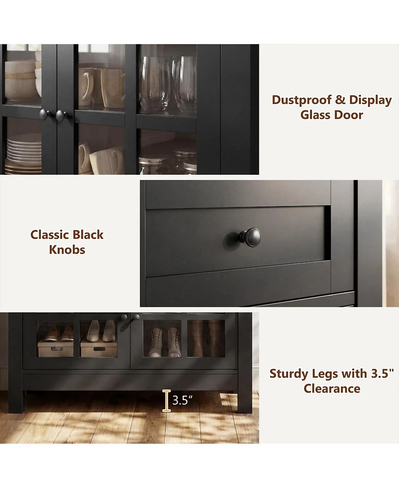Aheaplus Farmhouse Kitchen Cabinet with Drawers and Tempered Glass Display Door