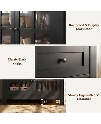 Aheaplus Farmhouse Kitchen Cabinet with Drawers and Tempered Glass Display Door