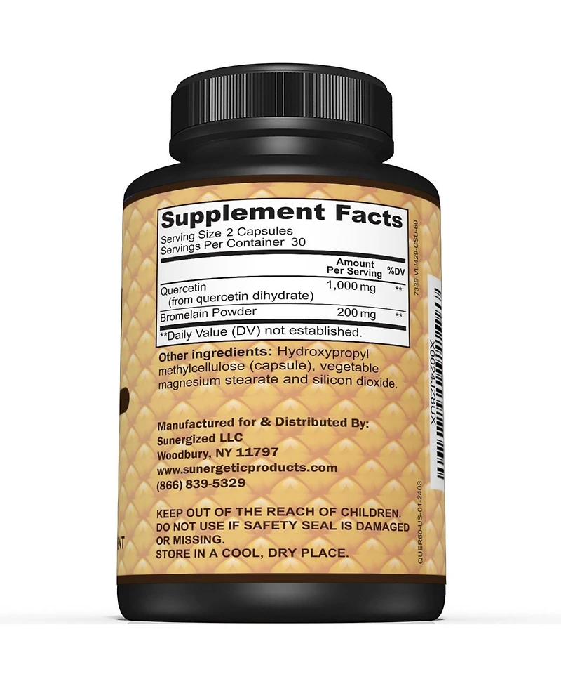 Sunergetic Quercetin and Bromelain Supplement 1,000 Milligram Quercetin Per Serving 60 Capsules