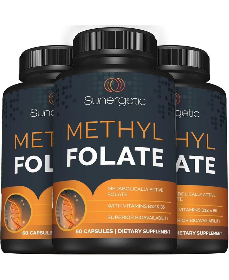 Sunergetic Methyl Folate Supplement with Vitamin B12 and Vitamin B6, 400 mcg Methyl Folate, 60 Capsules