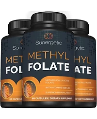 Sunergetic Methyl Folate Supplement with Vitamin B12 and Vitamin B6, 400 mcg Methyl Folate, 60 Capsules