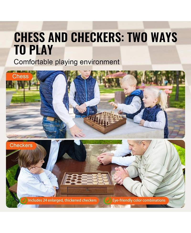 Sugift 15-Inch 2-in-1 Solid Wood Chess Checkers Board Game, Ages 6+