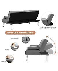 Gouun Convertible 66 Inch Futon Sofa Bed Linen Fabric with 2 Cup Holders