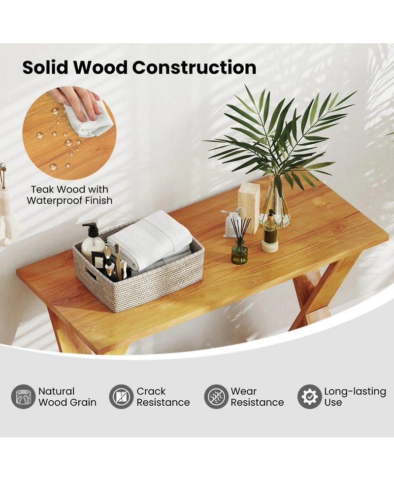 Sugift 35.5in Solid Teak Wood Console Table with Storage Shelf