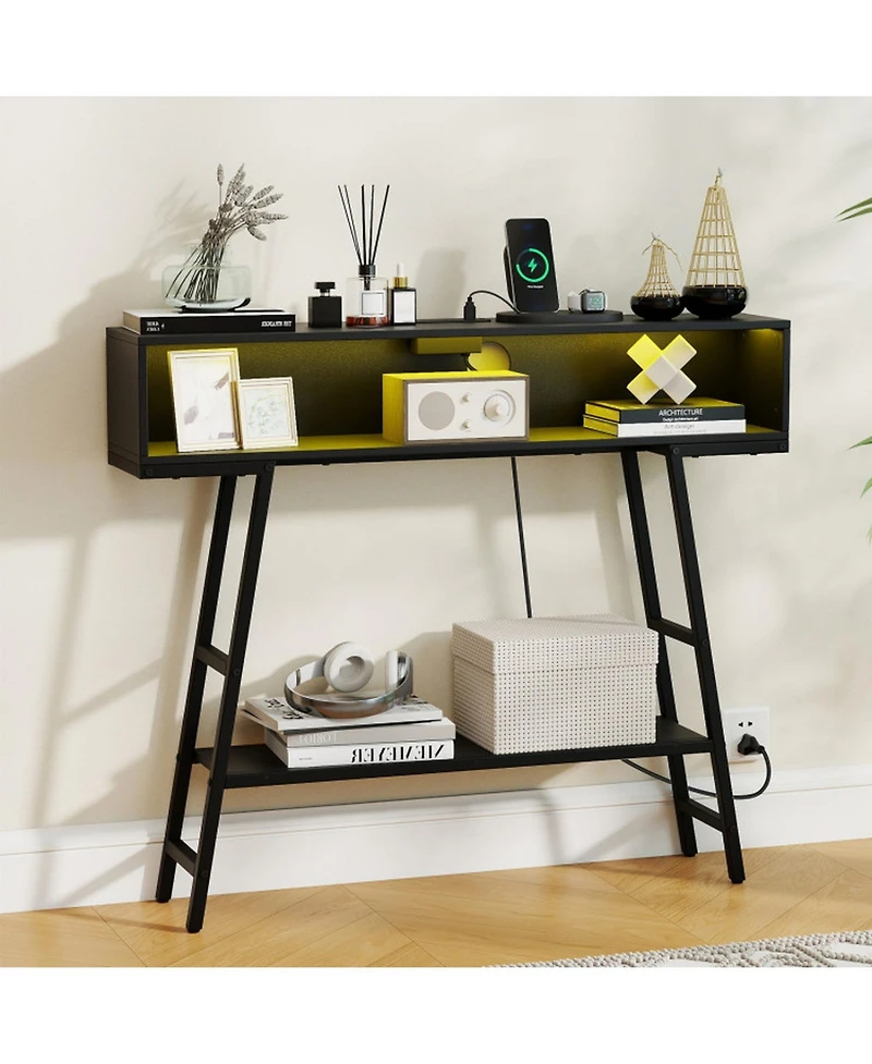 Sugift 40in Console Table with Charging Station and Led Lights
