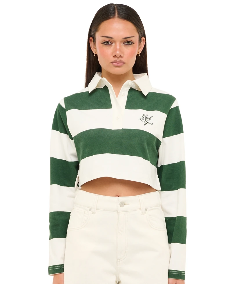 Abrand Juniors' Good Sport Polo Stripe Long-Sleeve Cotton Shirt