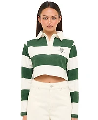 Abrand Juniors' Good Sport Polo Stripe Long-Sleeve Cotton Shirt