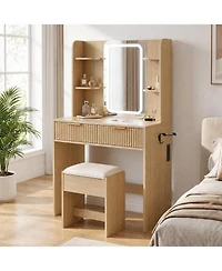 Gaomon Vanity Desk with Mirror and Led Light,Makeup Dressing Table Set Charging Station, Drawers Storage, Bedroom Makeup