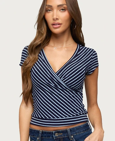 Edikted Women's Naame Striped Wrap Cotton-Blend V-Neck Top