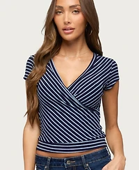 Edikted Women's Naame Striped Wrap Cotton-Blend V-Neck Top