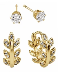 and Now This Cubic Zirconia Duo Stud Leaf Hoop Earrings