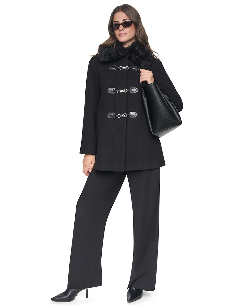 Dkny Women's Faux-Fur Collared Wool-Blend Mid-Length Coat
