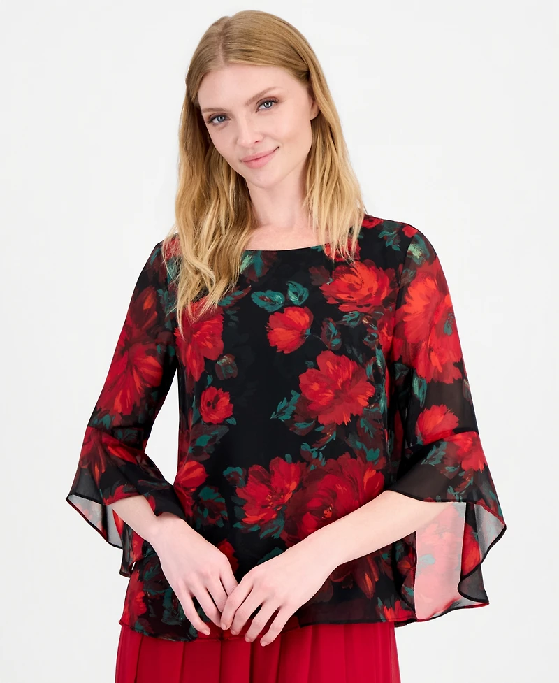 Kasper Women's Ruffle 3/4-Sleeve Boat Neck Floral Blouse