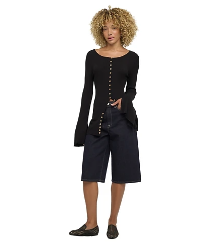 Blank Nyc Women's Ribbed-Knit Bell-Sleeve Button-Up Top
