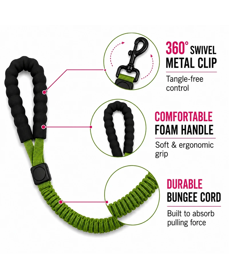 ProMounts 2-Pack Shock Absorbing Bungee Dog Leash Set - Heavy Duty Foam Handle, Elastic Leashes with Metal Swivel Clip, Pink and Green Included