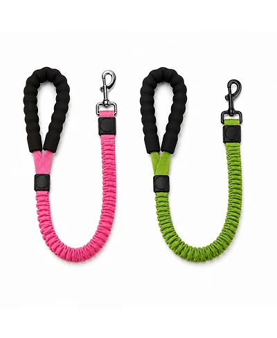ProMounts 2-Pack Shock Absorbing Bungee Dog Leash Set - Heavy Duty Foam Handle, Elastic Leashes with Metal Swivel Clip, Pink and Green Included